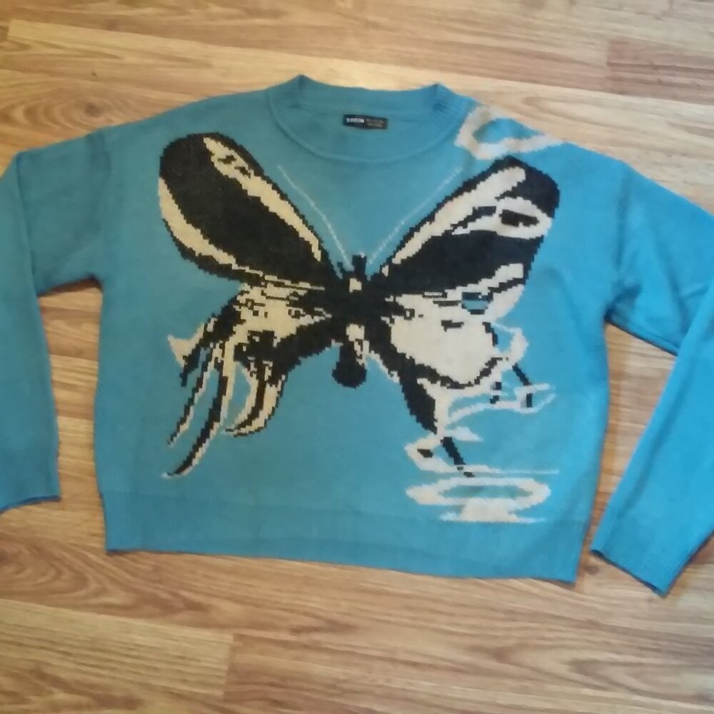 Shein Sweater Blue With Black & White Butterfly 21" Long 20" Wide